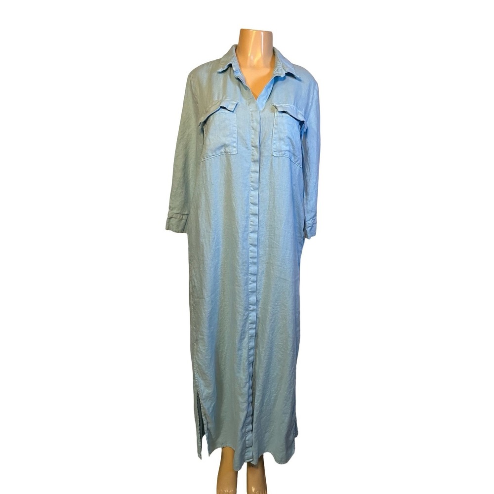L'AGENCE Light Blue Linen‎ Maxi Shirt Dress Long Sleeve Button Down Size S/P - Picture 3 of 15